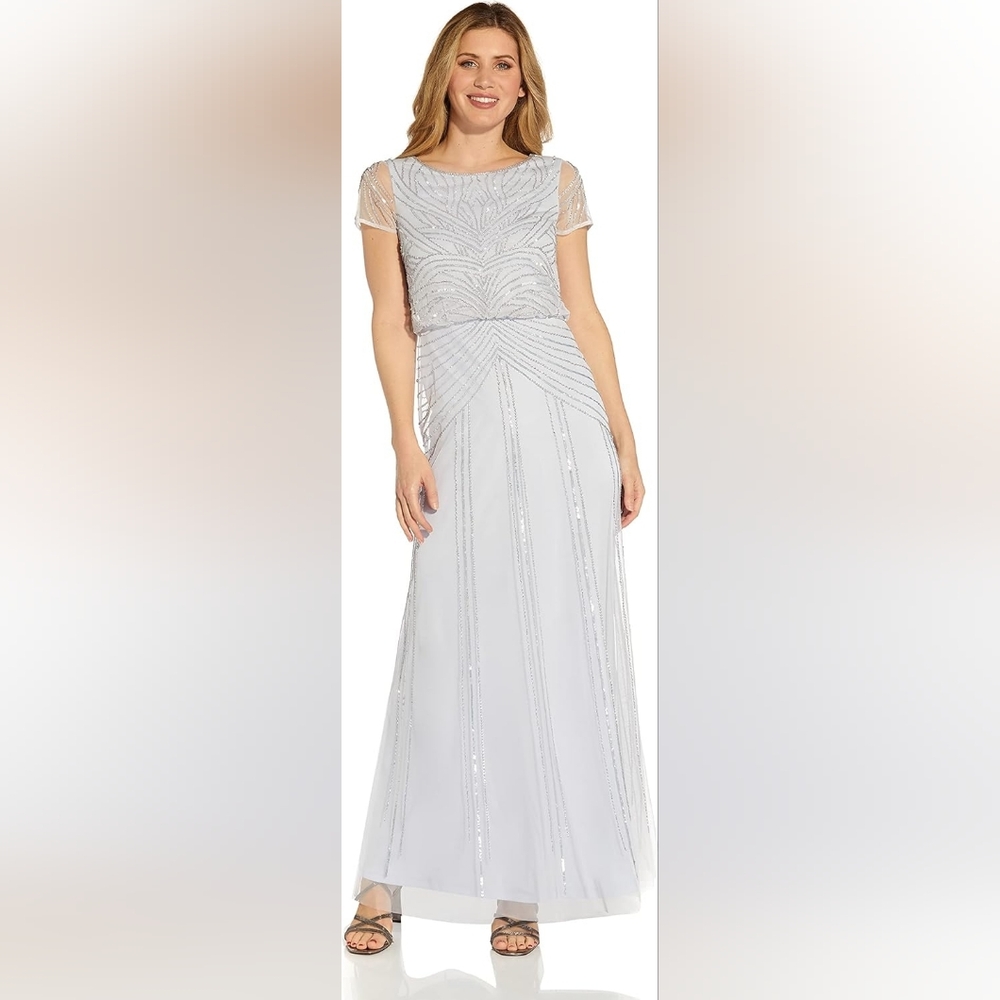 Adrianna Papell Womens Short Sleeve Beaded Long Dress